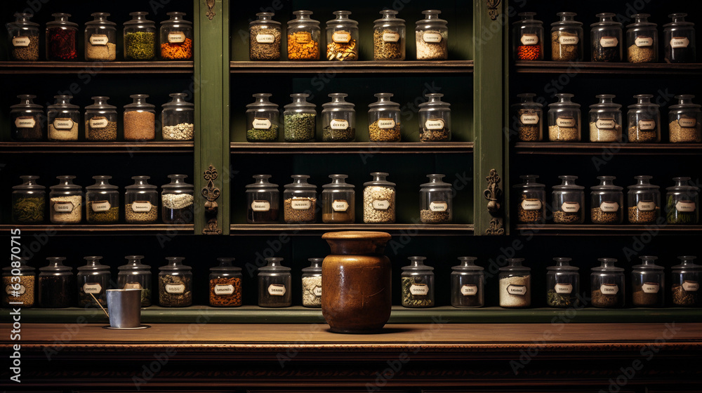 Scene of an antique apothecary cabinet filled with rows of small glass jars, each holding different dried herbs, shot with a warm, vintage ambiance