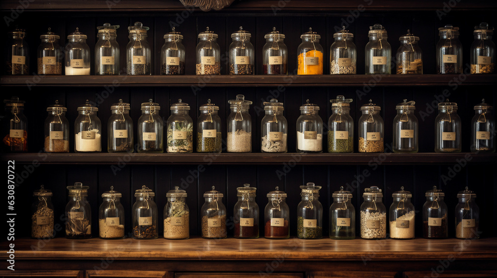 Scene of an antique apothecary cabinet filled with rows of small glass jars, each holding different dried herbs, shot with a warm, vintage ambiance