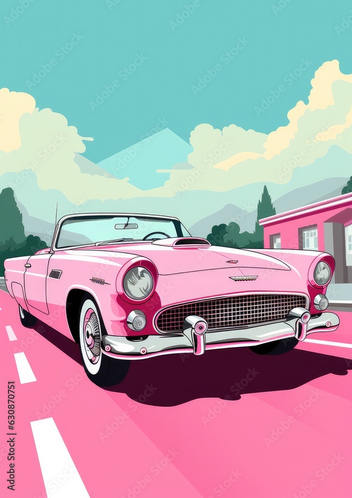 Illustration of a pink classic convertible car. Pink car on the background. Generative AI.