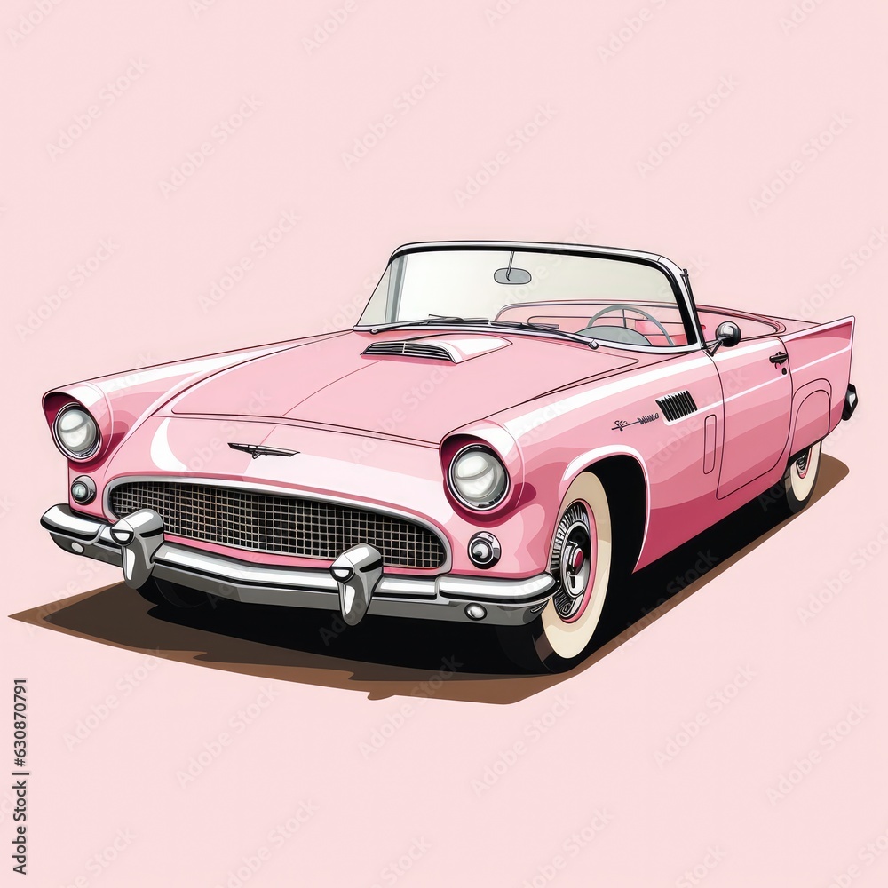 Illustration of a pink classic convertible car. Pink car on the background. Generative AI.