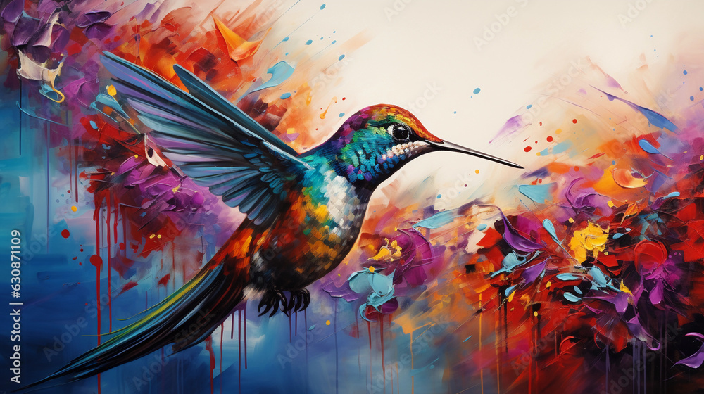 a hummingbird feeding on a flower, bold strokes and vibrant colors, a dynamic, energetic composition that captures the bird's movement and quickness