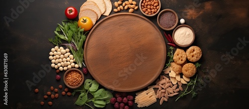 Top-down view of a round cutting board and frame with various allergenic food products, providing a space for writing or copying.