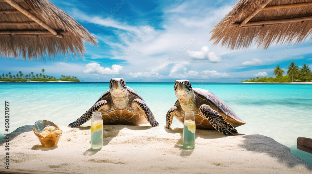 Two turtles on beautiful beach with white sand, turquoise ocean, blue sky with clouds and palm tree above water on sunny day on tropical island relaxing with cocktails. Vacation concept.  - obrazy, fototapety, plakaty 
