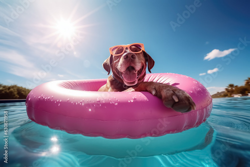 Cheerful happy dog with sunglasses swimming in the pool on an inflatable pink circle. Concept of fun holidays with animals. 
