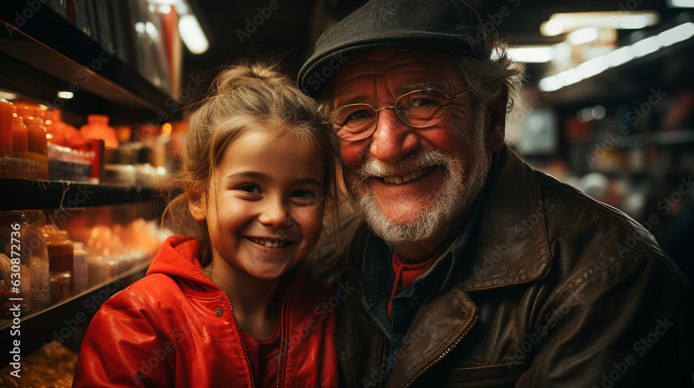 Grandfather and granddaughter shopping in the market. Generative Ai