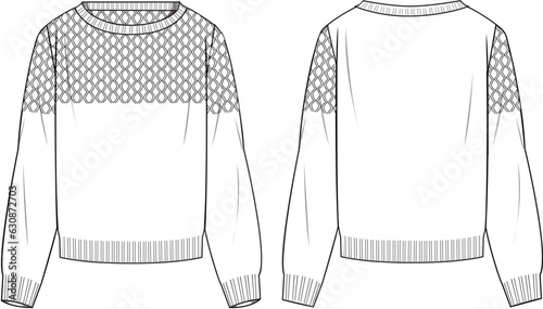 Women's Crew Neck, Half Cable Jumper. Technical fashion illustration. Front and back, white colour. Women's CAD mock-up.