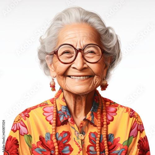 Portrait of a happy senior woman smiling at white backgroud. Generative AI. 