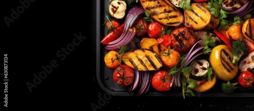 Top view of grilled vegetables on a black background with a grill plate. Copy space available. BBQ background.
