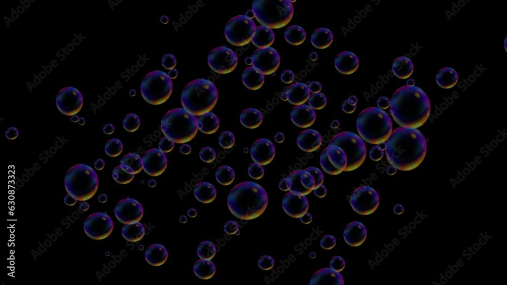 Soap bubble particles appear irregularly on a black screen background.