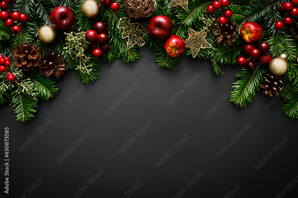 Christmas, Xmas, Noel or New Year background with winter festive Christmas holiday decoration on Christmas tree branches with copy space for a text of greeting card