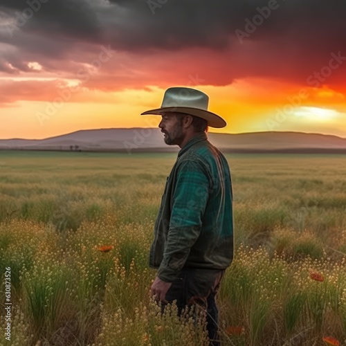 Harvesting the Future: A Farmer's Journey of Innovation and Growth, Uniting Cowboy Wisdom, Smart Farming, and Futuristic Agribusiness in a Panorama Sunset Field