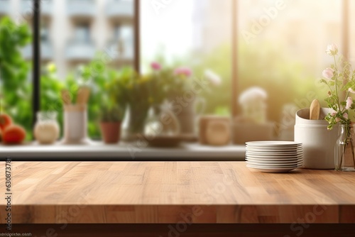 A wooden table top is seen in the background of a blurry kitchen in a home. The perspective of the image shows a brown wooden table placed over a blurred kitchen loft background. This image can be
