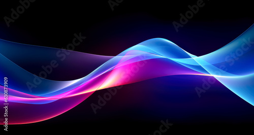 Neon abstract colored light lines moving along a dark background, light sky-blue and orange smooth and curved lines, technological fusion, vibrant colors.