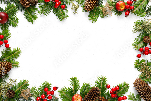 Christmas, Xmas, Noel or New Year background with winter festive Christmas holiday decoration on Christmas tree branches with copy space for a text of greeting card