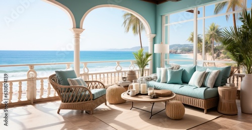 interior of a luxury beach lounge  overlooks a palm tree on the beach © XC Stock