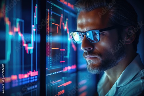 Portrait of Stock Market Trader Doing Analysis of Investment Charts, Graphs, Ticker Numbers Projected on His Face. African American Financial Analyst, Digital Entrepreneur Successfully Trading