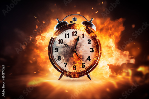 Black round alarm clock with large numbers on the dial on a dark background with burning hot fire. The concept of approaching deadlines.