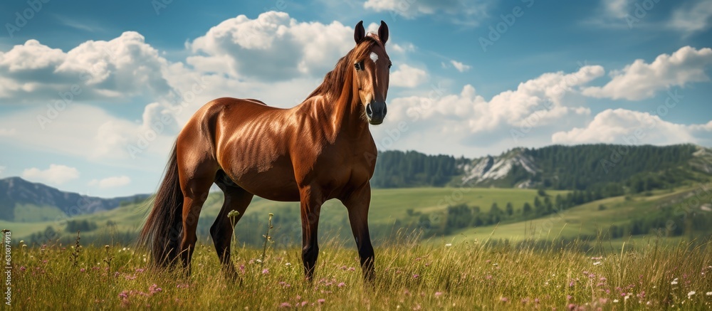 A magnificent brown horse is situated on vibrant green grass with ample space and a sunny summer day. A magnificent brown horse is situated on vibrant green grass with ample space and a sunny summer day.