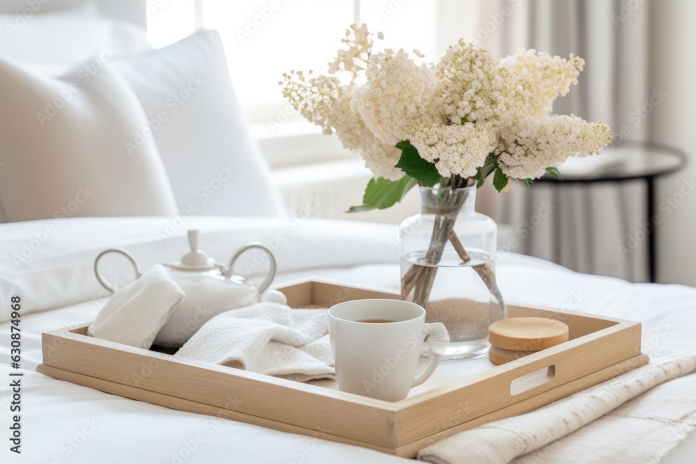 An elegant bedroom with a home staging vibe featuring a tray with coffee and flowers placed on the bed.