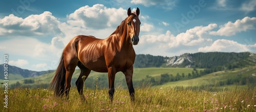 A magnificent brown horse is situated on vibrant green grass with ample space and a sunny summer day. © HN Works
