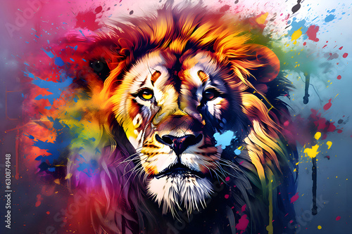 illustration of lion amidst stains of watercolor paint