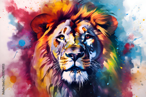 illustration of lion amidst stains of watercolor paint
