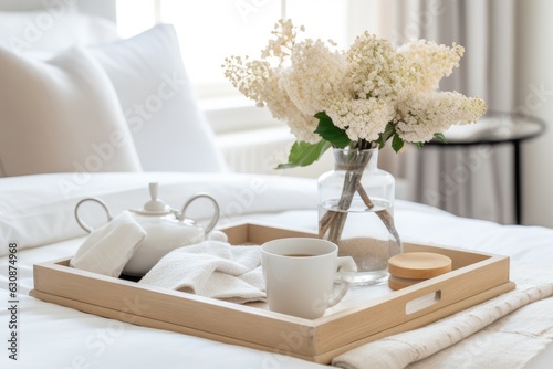 An elegant bedroom with a home staging vibe featuring a tray with coffee and flowers placed on the bed. © 2rogan