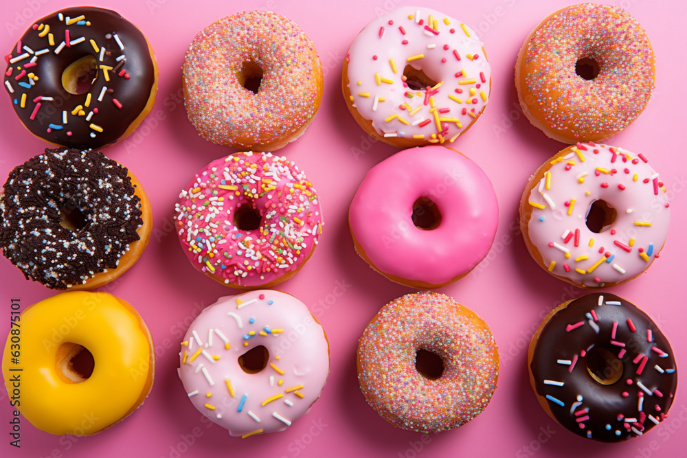 Flat lay layout of many colorful donuts: yellow glazed donuts, pink donuts, chocolate donuts. Flat lay layout of many colorful donuts: yellow glazed donuts, pink donuts, chocolate donuts.