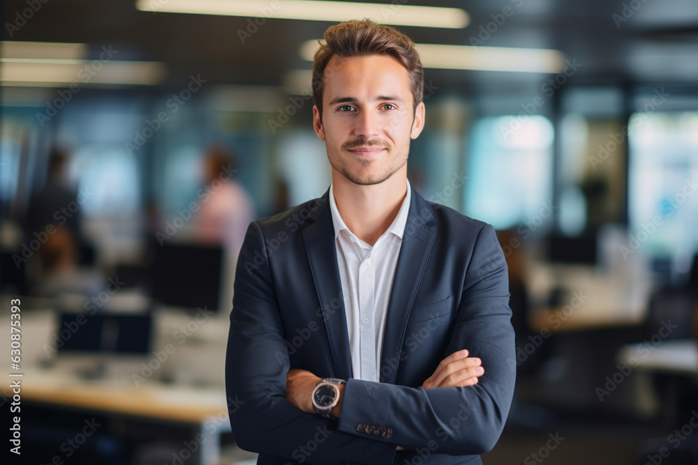 Fototapeta premium Leader in Innovation: High-Resolution Portrait of a Young Tech CEO Standing in a Bustling Office