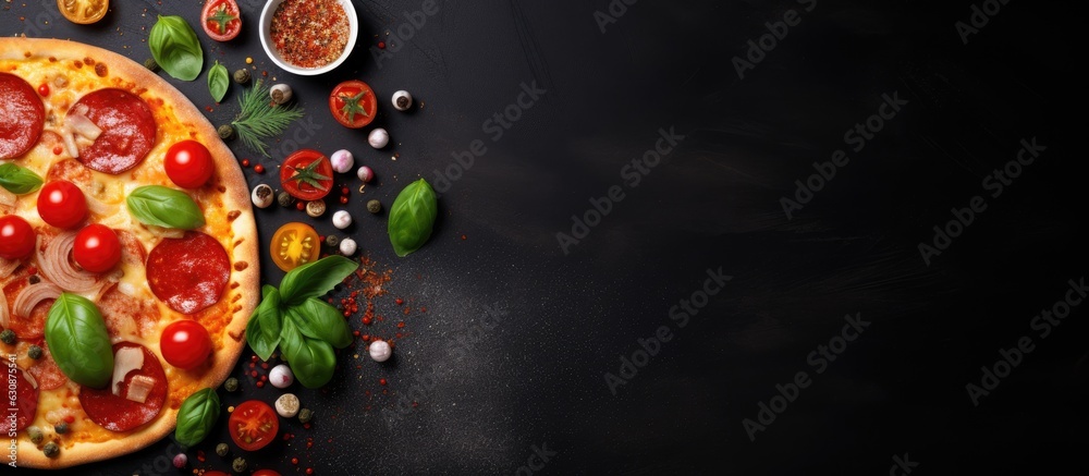Tasty pepperoni pizza and cooking ingredients like tomatoes and basil on a black concrete background. The pizza is shown from a top view and is hot. space for text and it is presented in a flat lay