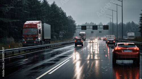 traffic jam on highway in rainy day