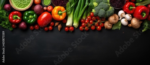 A background image of healthy food with fresh vegetables and ingredients for cooking is shown from a top view, against a dark background.