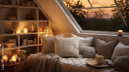 A cozy reading nook with soft pillows and warm lighting, encouraging relaxation and stress relief 