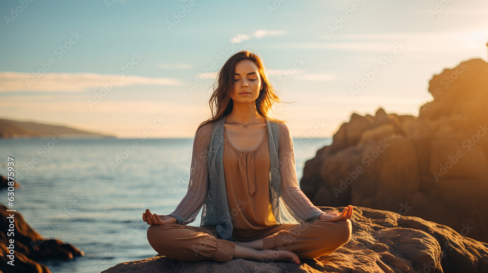 A person doing breathing exercises by the ocean, promoting relaxation and mindfulness 
