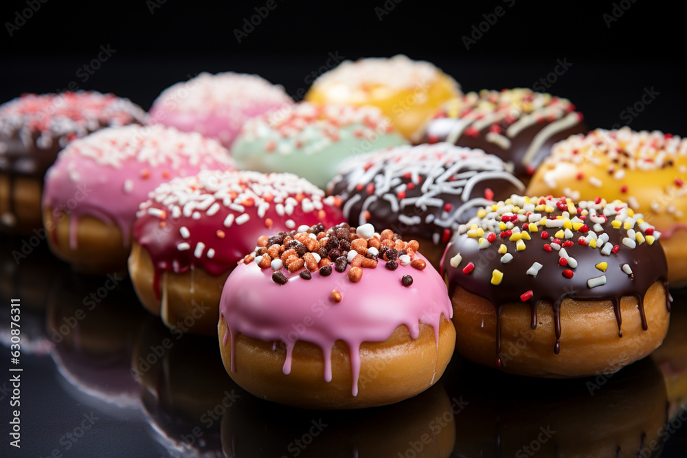 Flat lay layout of many colorful donuts: yellow glazed donuts, pink donuts, chocolate donuts. Flat lay layout of many colorful donuts: yellow glazed donuts, pink donuts, chocolate donuts.