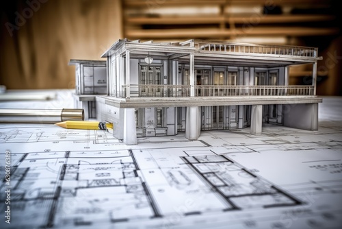 Architectural blueprints are depicted on grey wooden boards, along with a spirit level and tape measure.