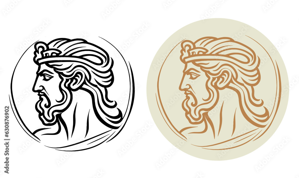 Greek roman male god logo. Stern face, straight nose. Coin