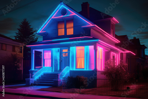 Modern residential building, with beautiful neon lighting