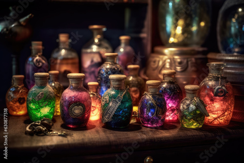 Jars, bubbles, bottles with multi-colored contents,