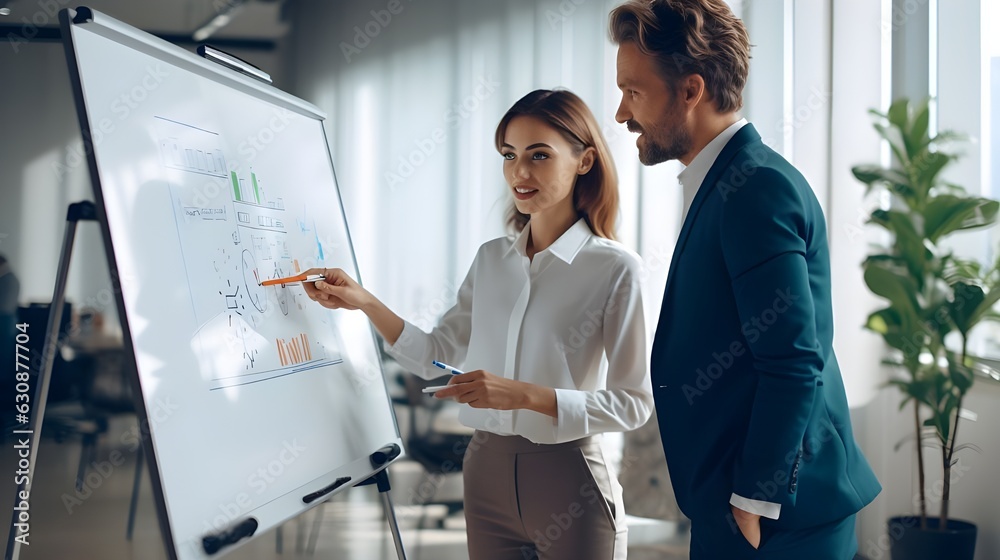 Professional woman and man writes on flipchart in office Professional woman and man writes on flipchart in office