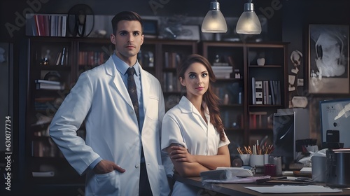 Doctor in a white coat and a nurse in a doctor's office