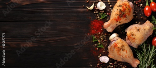 top view of raw and fresh chicken drumsticks seasoned with spices and placed alongside vegetables on a wooden cutting board. The background is black, and empty space for text.
