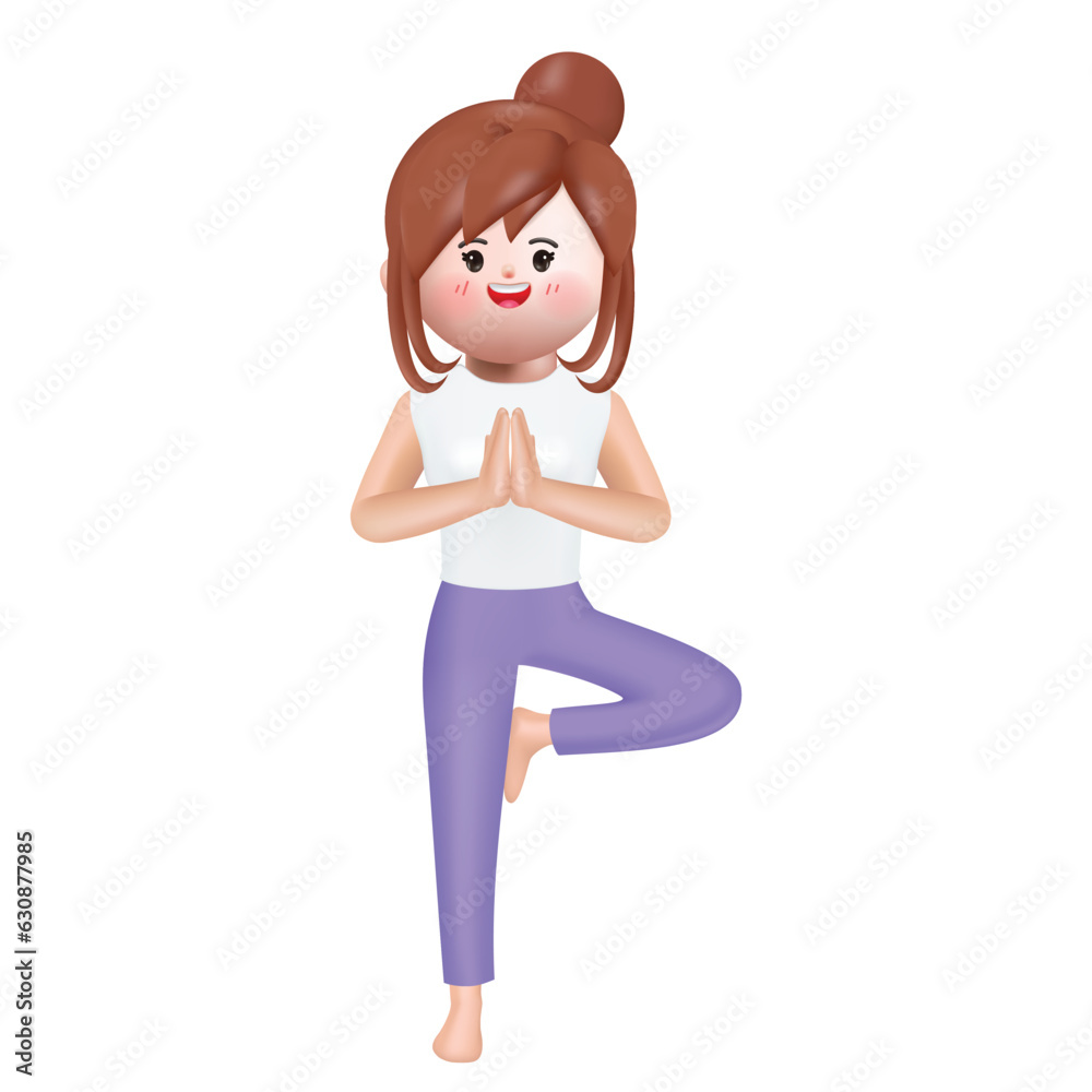 Young smiling woman doing yoga tree pose standing on one leg. Yoga, meditation and sport concept. 3d vector people character illustration. Cartoon minimal style. Young smiling woman doing yoga tree pose standing on one leg. Yoga, meditation and sport concept. 3d vector people character illustration. Cartoon minimal style.