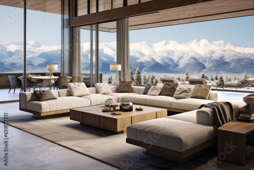 Beautiful apartment in a luxurious setting, boasting breathtaking mountain views. Showcased with sleek and contemporary furniture, this rendering exemplifies the perfect blend of modernity and natural © 2rogan