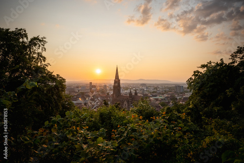 Freiburg Minster at sunset shot from the Kanonenplatz on top of the Schlossberg