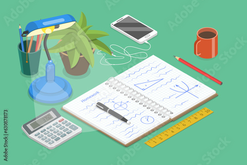 3D Isometric Flat Vector Conceptual Illustration of Doing Homework, Studying Student