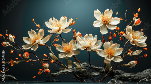 Dramatic and Contrast Floral Art with White and Orange Flowers on Dark Blue Gradient Background AI Generated
