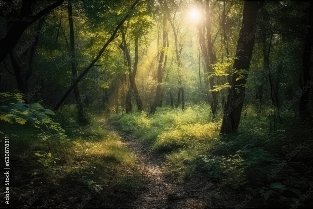 green forest with beautiful rays of sunlight, generated with AI
