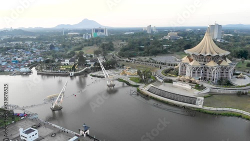 Beautiful aerial view of Darul Hana Bridge over Sungai Sarawak water