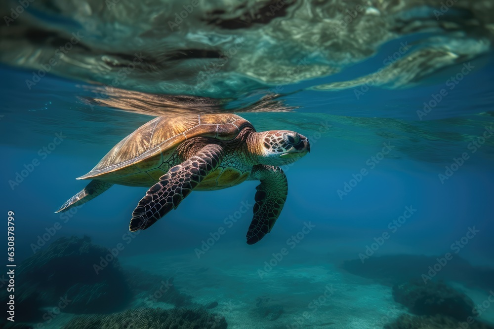 Green Sea Turtle Cruising in warm water, generative AI